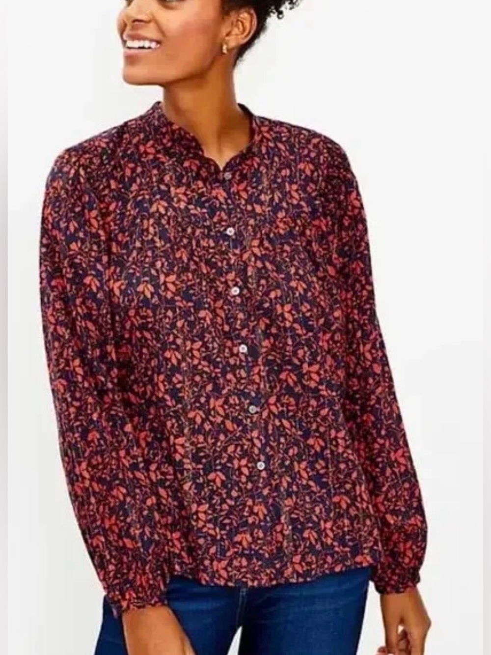 LOFT Women's M Forever Navy and Red Long Sleeve Shimmer Floral Blouse Shirt